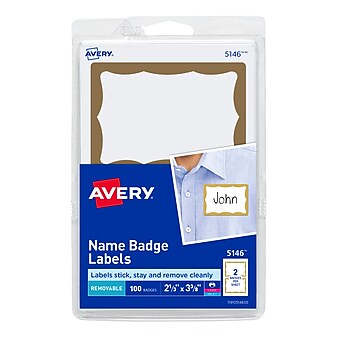 Avery Sticker Name Badge Labels, 2-1/3" x 3-3/8", White w/ Gold Border, 100/Pack (5146)