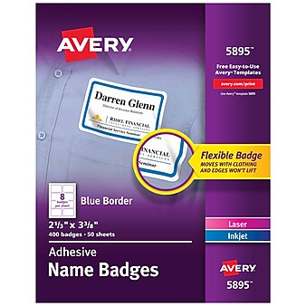 Avery Adhesive Name Badges, 2-1/3" x 3-3/8", White w/ Blue Border, 400/Pack (5895)