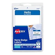 Avery "Hello" Name Badge Labels, 2-1/3" x 3-3/8", White w/ Blue Border, 100/Pack (5141)