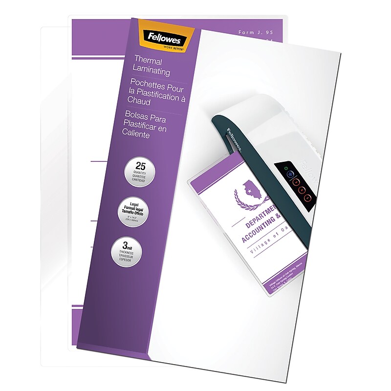 Fellowes Thermal Laminating Pouches, Legal Size, 3 Mil (52006) image 1