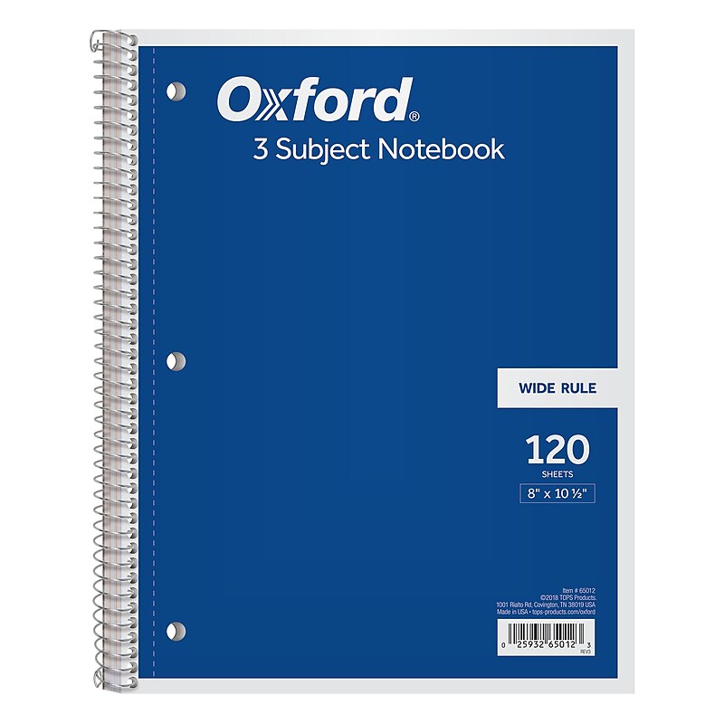 Oxford 3-Subject Notebooks, 8" x 10.5", Wide Ruled, 120 Sheets, Each (65012) image 1