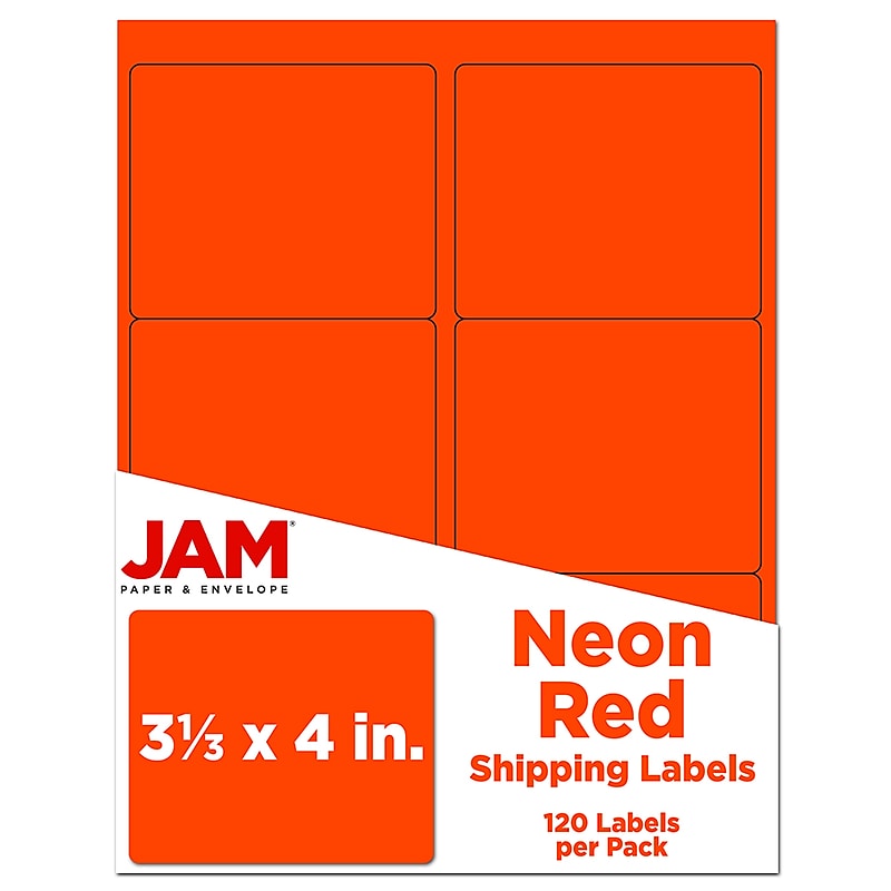 JAM Paper Shipping Labels, 3 1/3" x 4", Neon Red, 6 Labels/Sheet, 20 Sheets/Pack (354328040) image 1