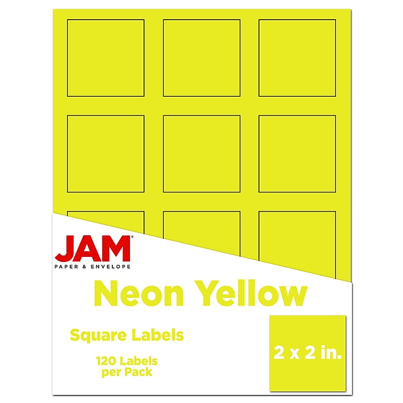 JAM Paper Square Labels, 2" x 2", Neon Yellow, 12 Labels/Sheet, 10 Sheets/Pack (367831073) image 1