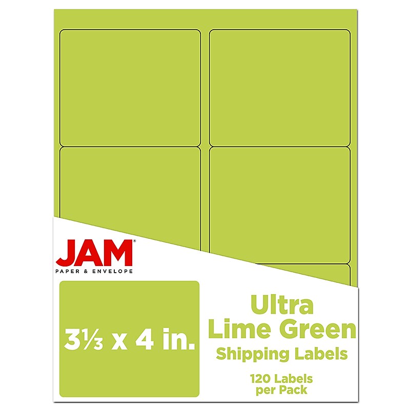 JAM Paper Laser/Inkjet Address Label, 4" x 3 3/8", Ultra Lime Green, 6 Labels/Sheet, 12 Sheets/Pack (302725780) image 1