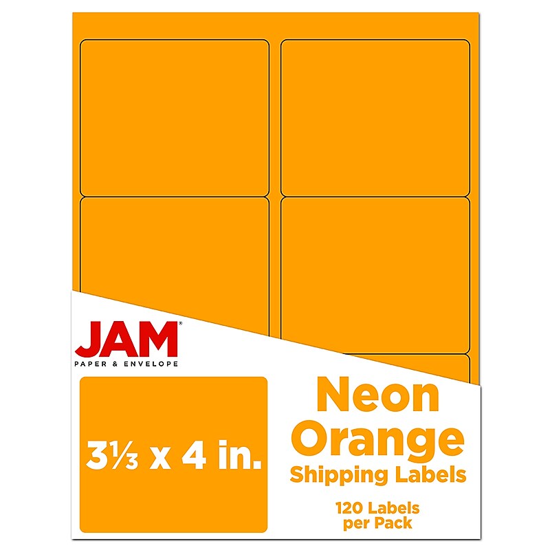JAM Paper Shipping Labels, Large, 3 1/3 x 4, Neon Orange, 6 Labels/Sheet, 20 Sheets/Pack (354328043) image 1