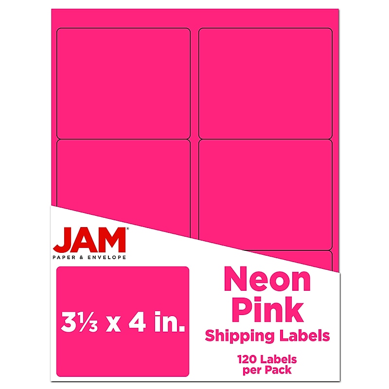 JAM Paper Shipping Labels, 3 1/3" x 4", Neon Pink, 6 Labels/Sheet, 20 Sheets/Pack (354328046) image 1