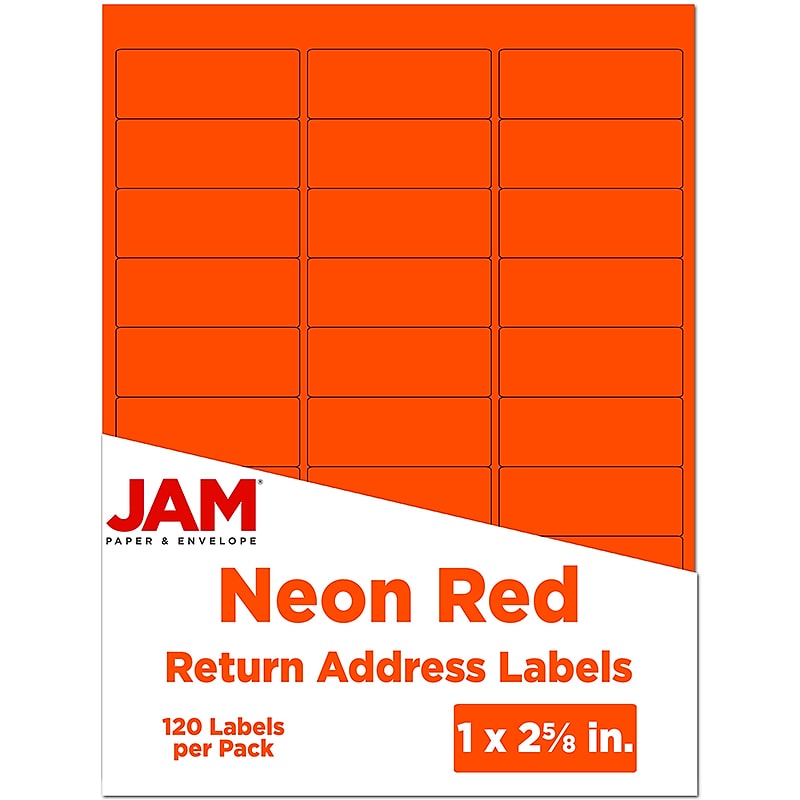 JAM Paper Laser/Inkjet Address Labels, 1" x 2 5/8", Neon Red, 30 Labels/Sheet, 4 Sheets/Pack (354328230) image 1