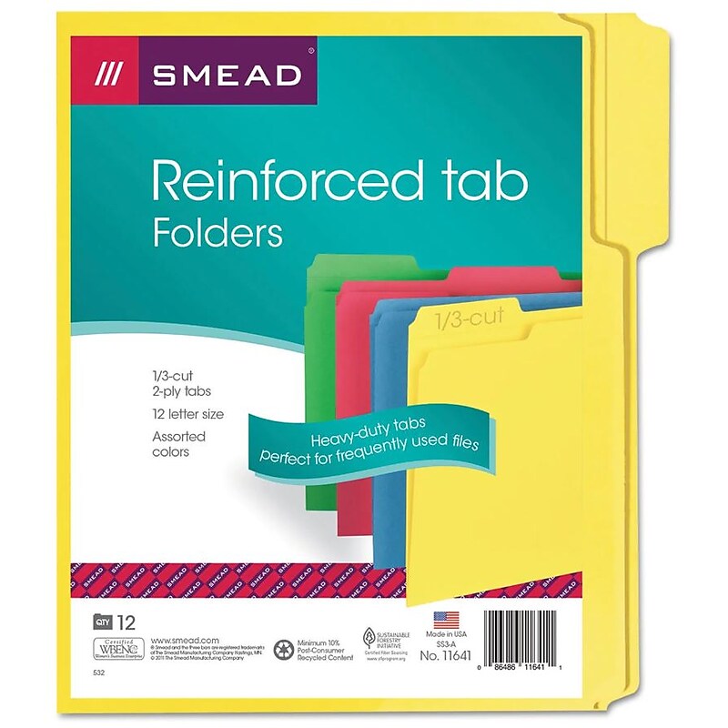 Smead SuperTab File Folders, 3 Tab, Letter Size, Assorted Colors, 12/Pack (11641) image 1