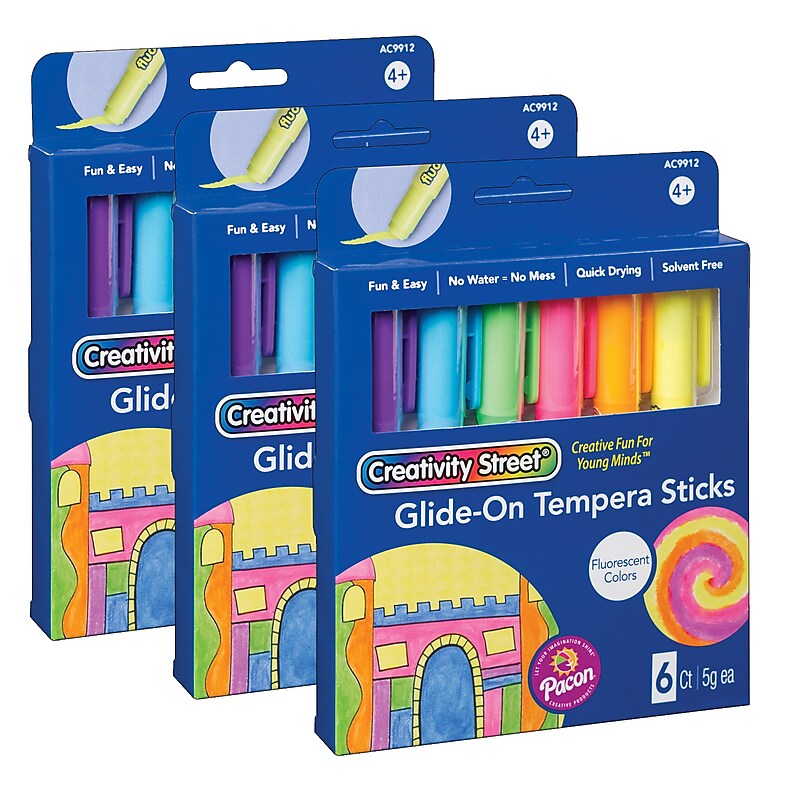 Creativity Street Glide-On Tempera Paint Sticks, Fluorescent Colors, 5 grams, 6 Per Pack, 3 Packs (PACAC9912-3) image 1