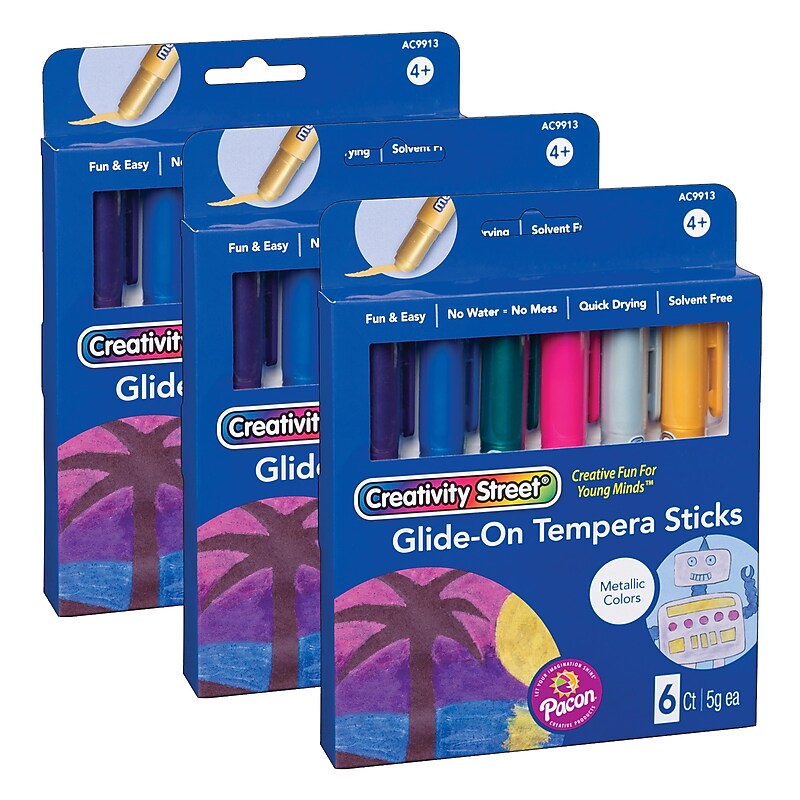 Creativity Street Glide-On Tempera Paint Sticks, Metallic Colors, 5 grams, 6 Per Pack, 3 Packs (PACAC9913-3) image 1