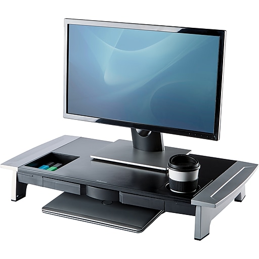 Fellowes Office Suites Premium Monitor Riser, Monitors up to 80  lbs.,Black/Silver (8031001) | Staples