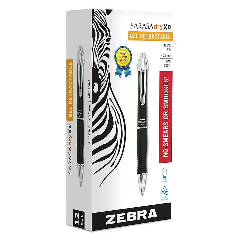 Zebra Sarasa Dry X10 Retractable Gel Pen, Medium Point, 0.7mm, Black Ink, Dozen (42610) image 1