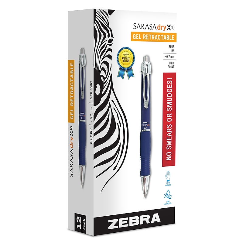 Zebra Sarasa Dry X10 Retractable Gel Pen, Medium Point, 0.7mm, Blue Ink, 12/Pack (42620) image 1