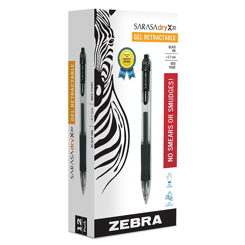 Zebra Sarasa Dry X20 Retractable Gel Pen, Medium Point, 0.7mm, Black Ink, Dozen (46810) image 1