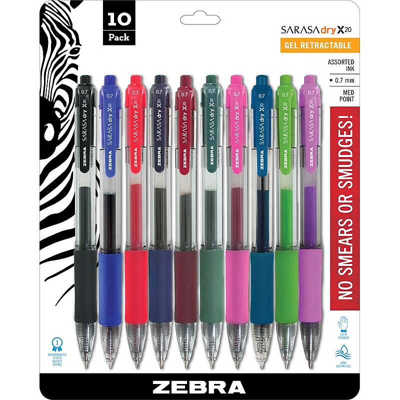 Zebra Sarasa Dry X20 Retractable Gel Pen, Medium Point, 0.7mm, Assorted Ink, 10 Pack (46881) image 1