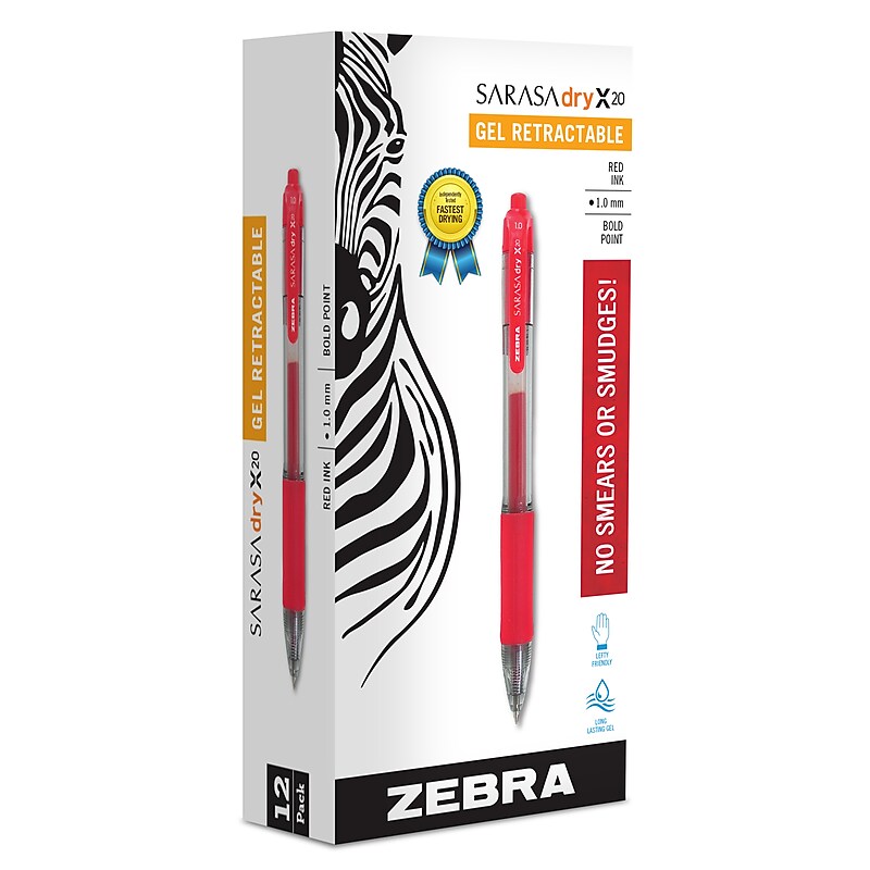 Zebra Sarasa Dry X20 Retractable Gel Pen, Bold Point, 1.0mm, Red Ink, Dozen (46630) image 1