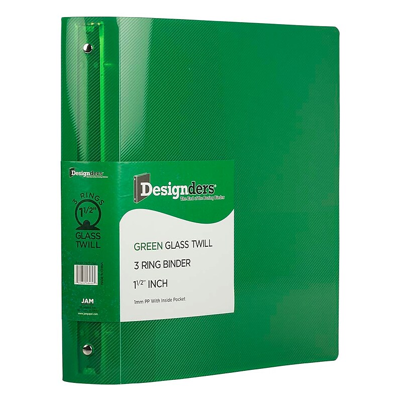 JAM Paper Heavy Duty 1 1/2" 3-Ring Flexible Poly Binders, Green Glass Twill (762T15GR) image 1