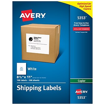 Avery Copier Shipping Labels, 8-1/2" x 11", White, 1 Label/Sheet, 100 Sheets/Box (5353)
