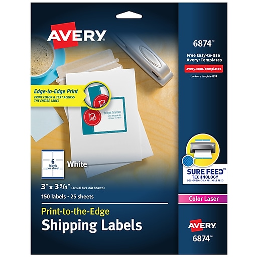 Avery® 6874 Color Printing Matte White Laser Shipping Labels, 3" X 33/