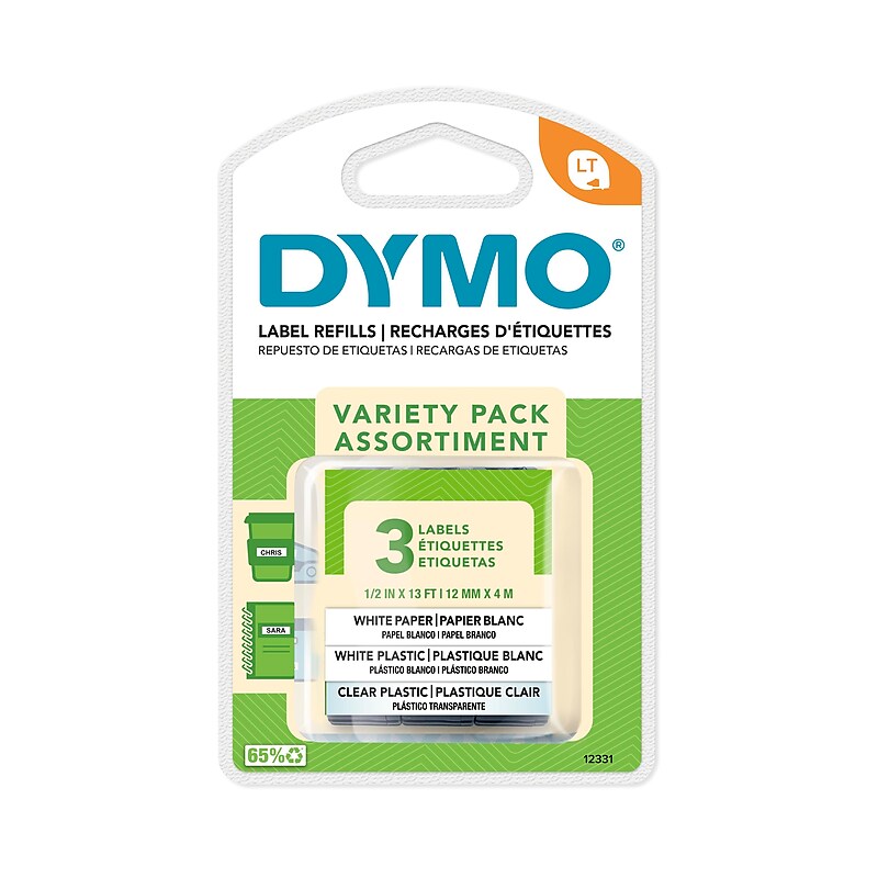 DYMO LetraTag 12331 Variety Pack Label Maker Tape, 1/2" x 13', Assorted Colors, 3/Pack (12331) image 1