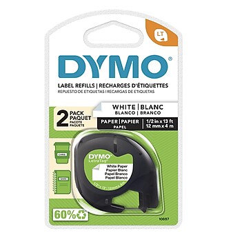 DYMO LetraTag 10697 Paper Label Maker Tape, 1/2" x 13', Black on White, 2/Pack (10697)