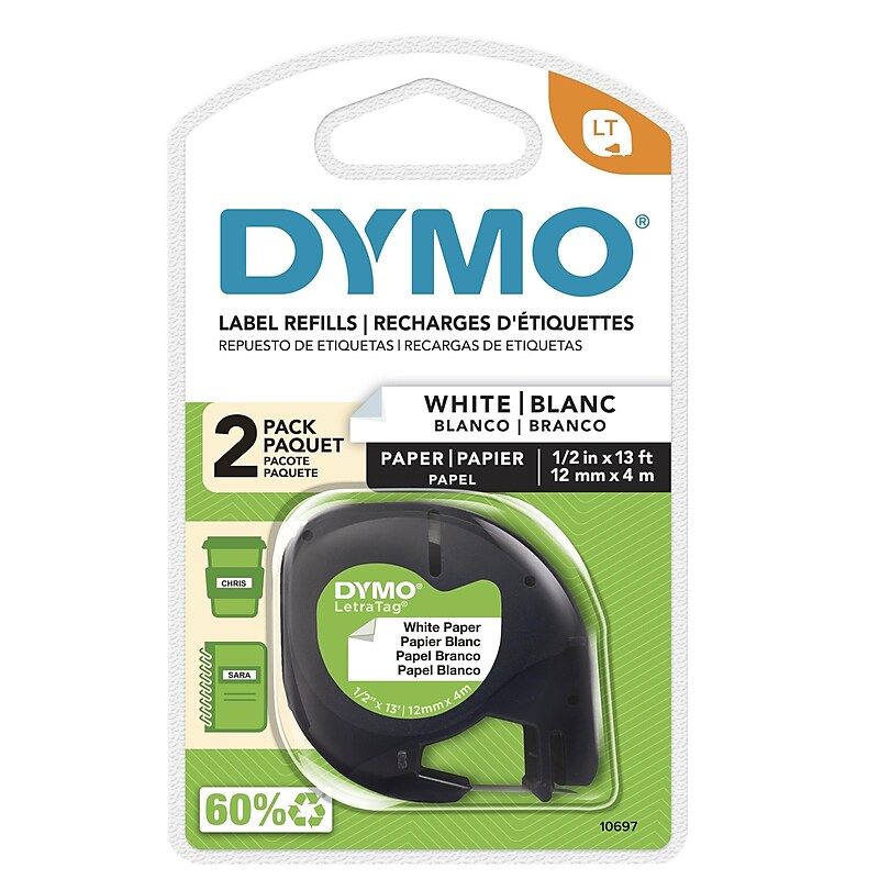 DYMO LetraTag 10697 Paper Label Maker Tape, 1/2" x 13', Black on White, 2/Pack (10697) image 1