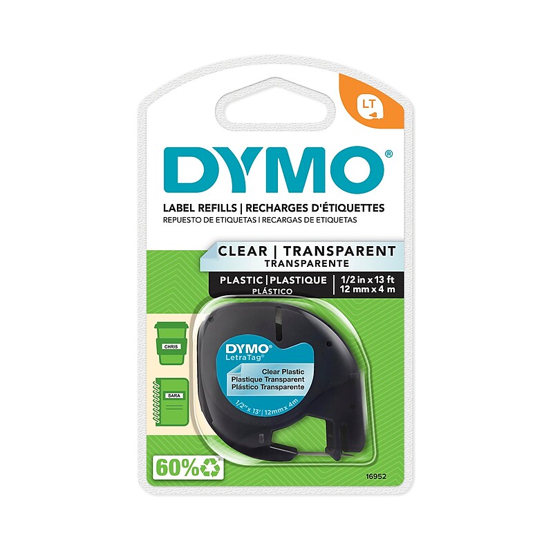 DYMO LetraTag 16952 Plastic Label Maker Tape, 1/2" x 13', Black on Clear (16952) image 1