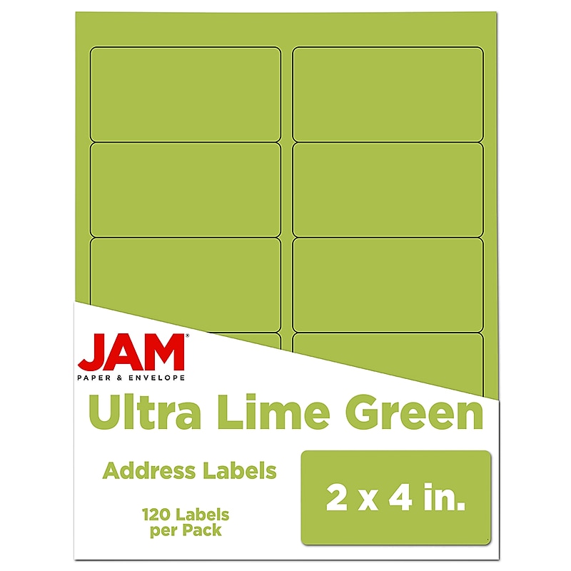 JAM Paper Laser/Inkjet Shipping Address Labels, 2" x 4", Ultra Lime Green, 10 Labels/Sheet, 12 Sheets/Pack (302724405) image 1