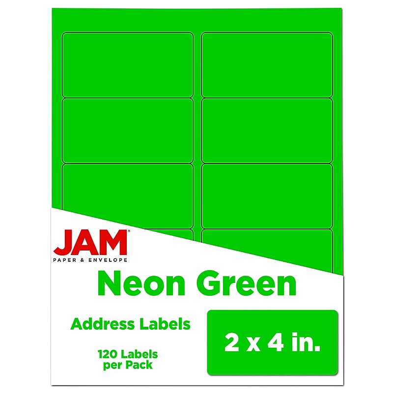 JAM Paper Laser/Inkjet Shipping Labels, 2" x 4", Neon Green, 10 Labels/Sheet, 12 Sheets/Pack (354328017) image 1