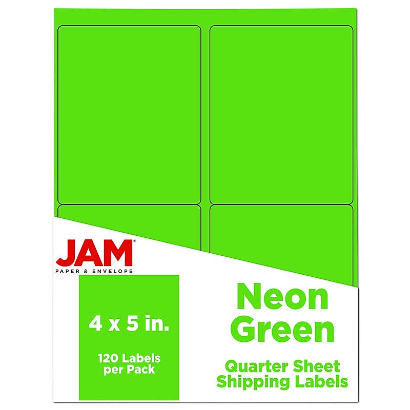 JAM Paper Shipping Labels, 4" x 5", Neon Green, 4 Labels/Sheet, 30 Sheets/Pack (354329156) image 1