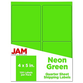 JAM Paper Shipping Labels, 4" x 5", Neon Green, 10 Labels/Sheet, 12 Sheets/Pack, 120 Labels/Box (354329156)