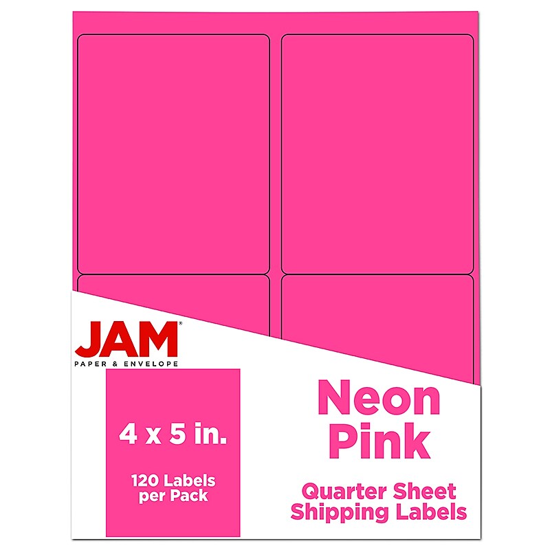 JAM Paper Laser/Inkjet Shipping  Labels, 4" x 5", Neon Pink, 4 Labels/Sheet, 30 Sheets/Pack (354329165) image 1