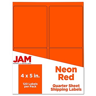 JAM Paper Shipping Labels, 4" x 5", Neon Red, 10 Labels/Sheet, 12 Sheets/Pack, 120 Labels/Box (354329162)