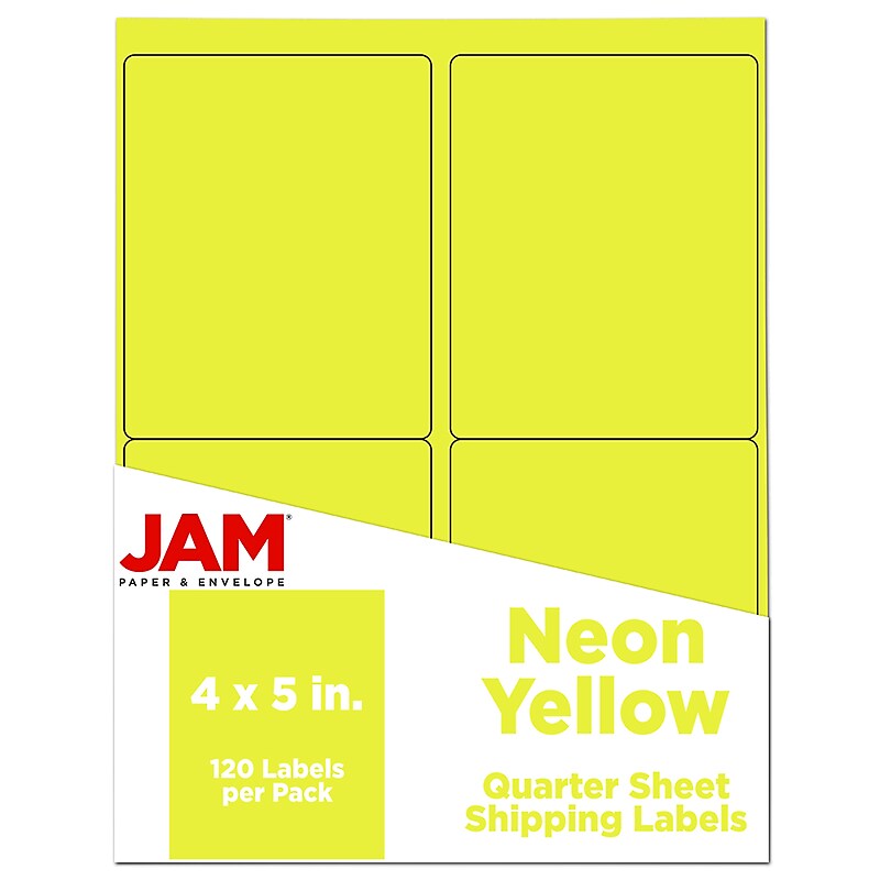 JAM Paper Laser/Inkjet Shipping Labels, 4" x 5", Neon Yellow, 4 Labels/Sheet, 30 Sheets/Pack (354329153) image 1