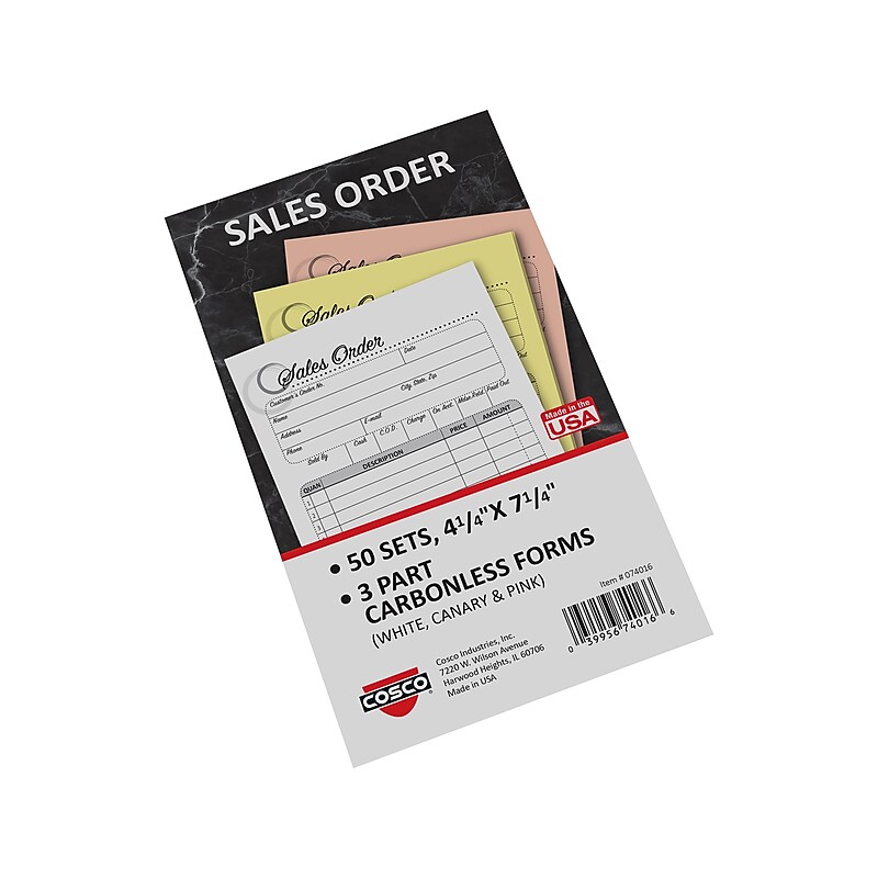 Cosco Artistic 3-Part Carbonless Sales Orders, 4.25" x 7.25", 50 Sets/Book (074016) image 1