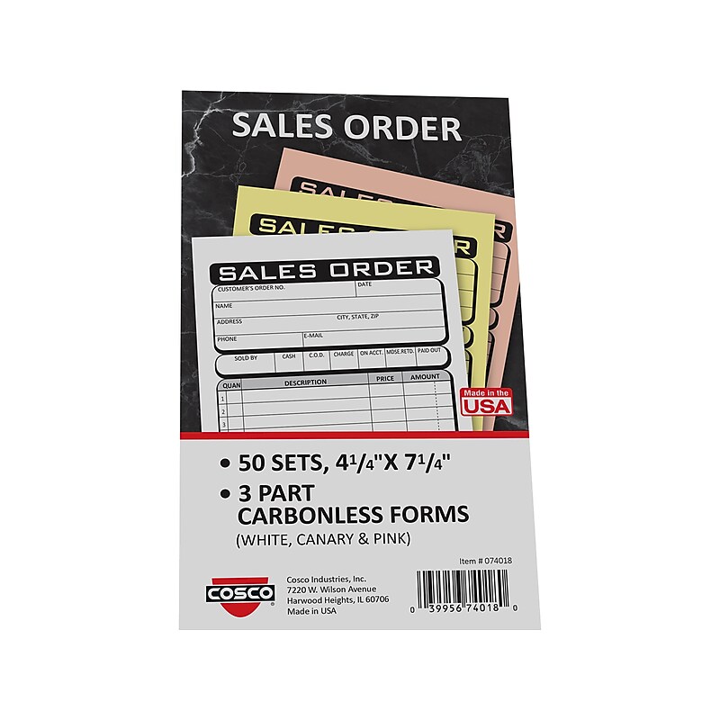 Cosco Business 3-Part Carbonless Sales Orders, 4.25" x 7.25", 50 Sets/Book (074018) image 1