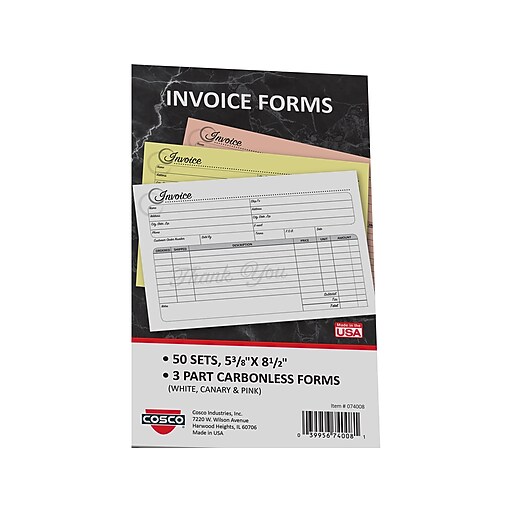 Cosco Artistic 3Part Carbonless Invoices, 5.4" x 8.5", 50 Sets/Book