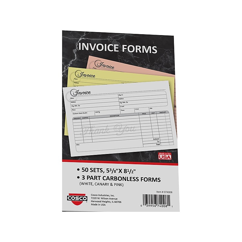 Cosco Artistic 3-Part Carbonless Invoices, 5.4" x 8.5", 50 Sets/Book (074008) image 1