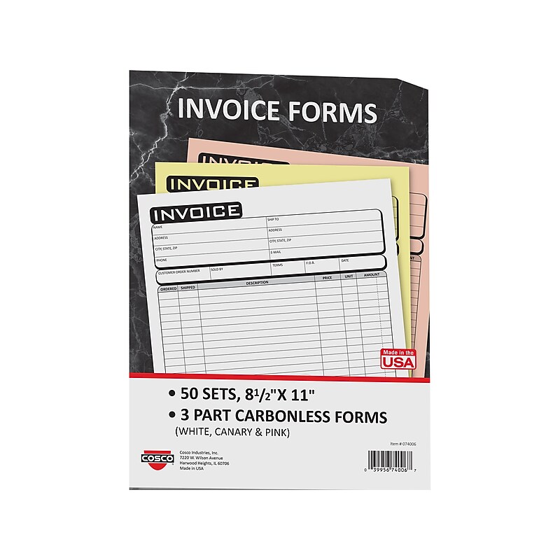 Cosco Business 3-Part Carbonless Invoices, 8.5" x 11", 50 Sets/Book (074006) image 1