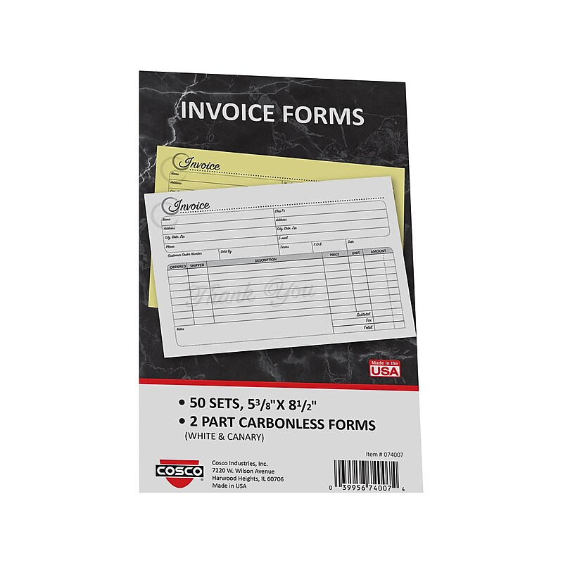 Cosco Artistic 2-Part Carbonless Invoices, 5.4" x 8.5", 50 Sets/Book (074007) image 1