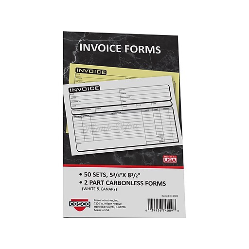 Cosco Business 2Part Carbonless Invoices, 5.4" x 8.5", 50 Sets/Book