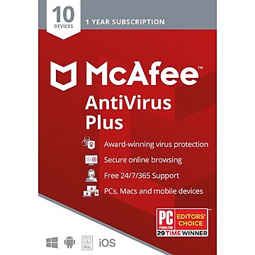 McAfee AntiVirus Plus for 10 Devices (1-10 Users), Boxed (MAV00ESTXRAA)