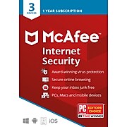 McAfee Internet Security Antivirus Software for 3 Devices, 1-Year Subscription, Product Key Card