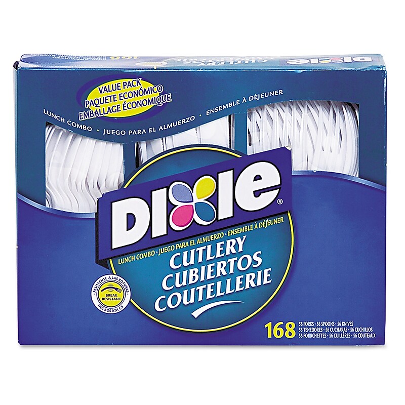 Dixie Combo Pack, Tray with White Plastic Utensils, 56 Forks, 56 Knives, 56 Spoons, 6 Packs image 1