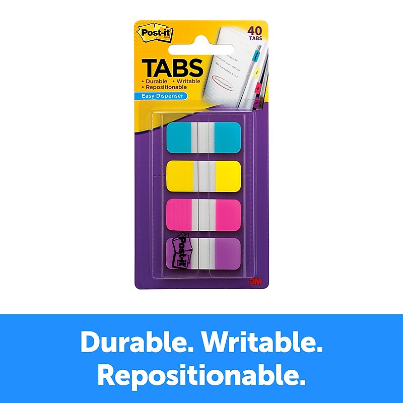 Post-it® Tabs, .625 " Solid, Aqua, Yellow, Pink, Violet, 10/Color, 40/Dispenser (676-AYPV) image 1