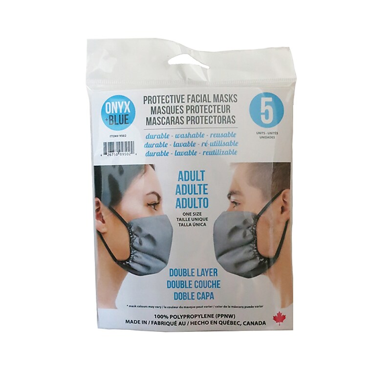 Onyx & Blue Reusable Cloth Face Masks for Adults, Polypropylene, 5 Masks/Pack (9502) image 1