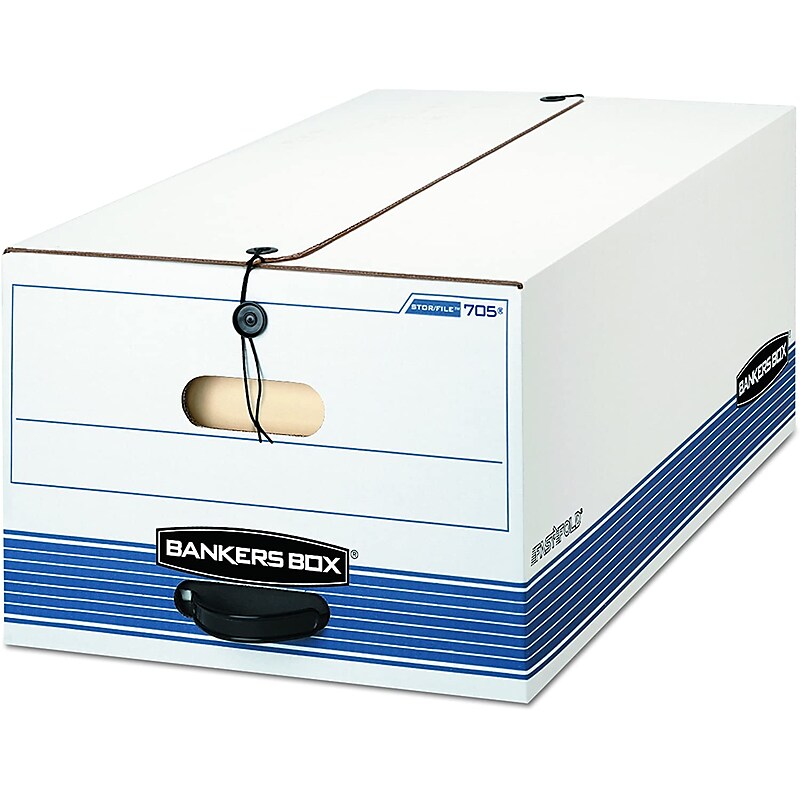 Bankers Box Stor/File Medium-Duty FastFold File Storage Boxes, String & Button, Legal Size, White/Blue, 12/Carton (00705) image 1