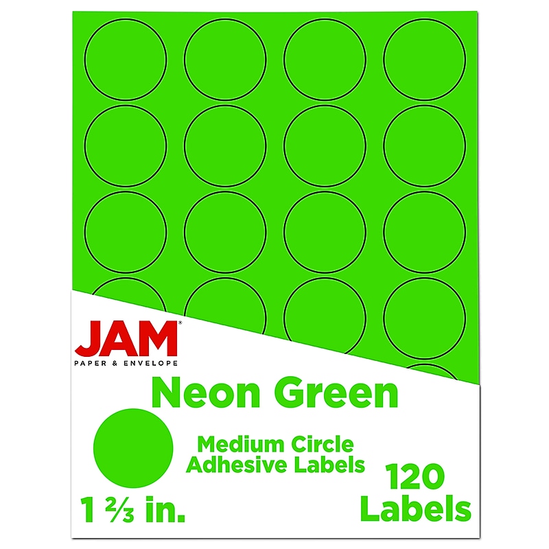 JAM Paper Round Label Sticker Seals, 1 2/3" Diameter, Neon Green, 24 Labels/Sheet, 5 Sheets/Pack (354329583) image 1