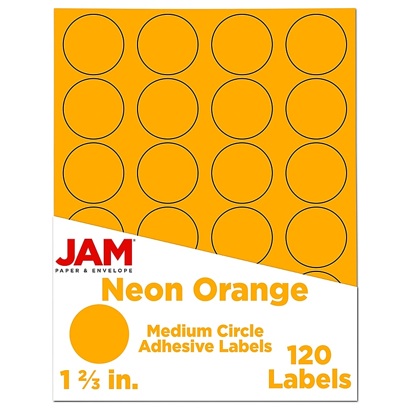 JAM Paper Round Label Sticker Seals, 1 2/3" Diameter, Neon Orange, 24 Labels/Sheet, 5 Sheets/Pack (354329580) image 1