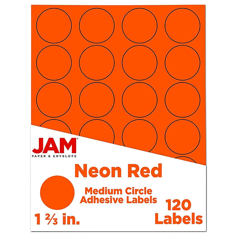 JAM Paper Round Label Sticker Seals, 1 2/3" Diameter, Neon Red, 24 Labels/Sheet, 5 Sheets/Pack (354329579) image 1